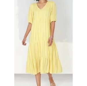 J. Jill Women's Jacquard V-Neck Tiered Midi Dress Size XL Yellow